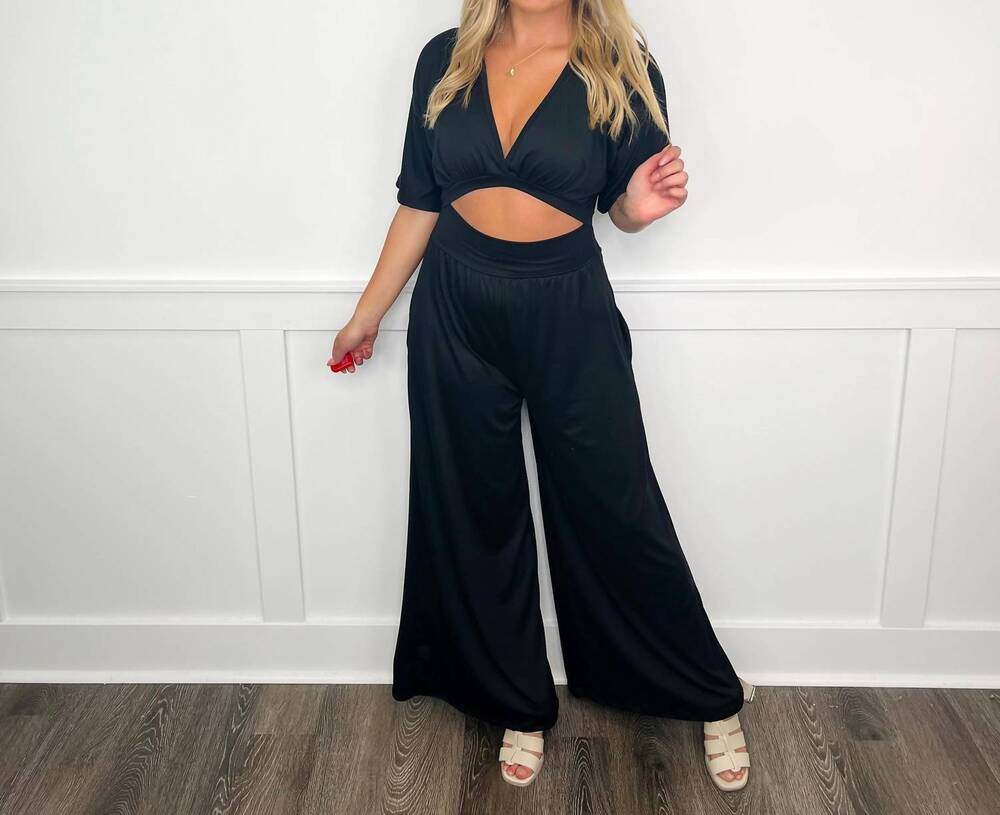NEW ELDRIDGE play my jam short sleeve waist cutout jumpsuit in black